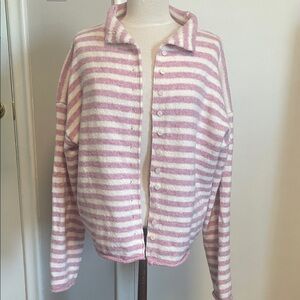 Striped Pink and White Women's Cardigan Medium to Large